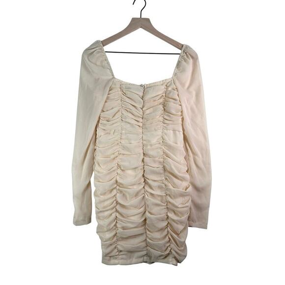 Cream Ruched Long Sleeve Mini Prom Dress Sheer Sleeves Square Neck‎ Bodycon Sz S - Picture 14 of 16